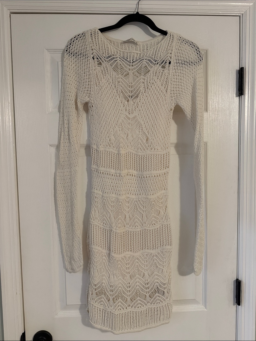 Abercrombie & Fitch Knit Long-Sleeve Crochet Bodycon Dress - Cream